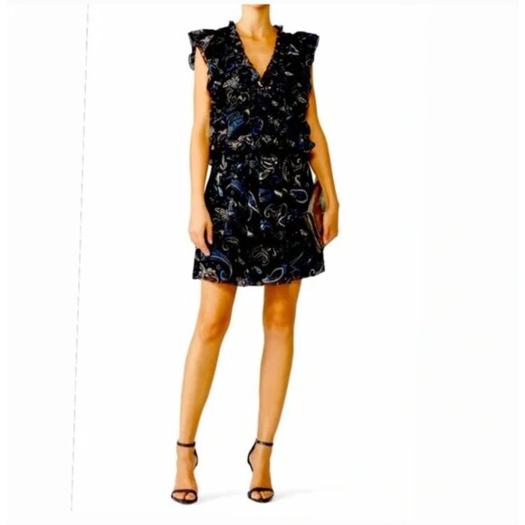 Zadig & Voltaire Romana Dress Womens Small Black Blue Paisley Ruffles - Picture 1 of 6